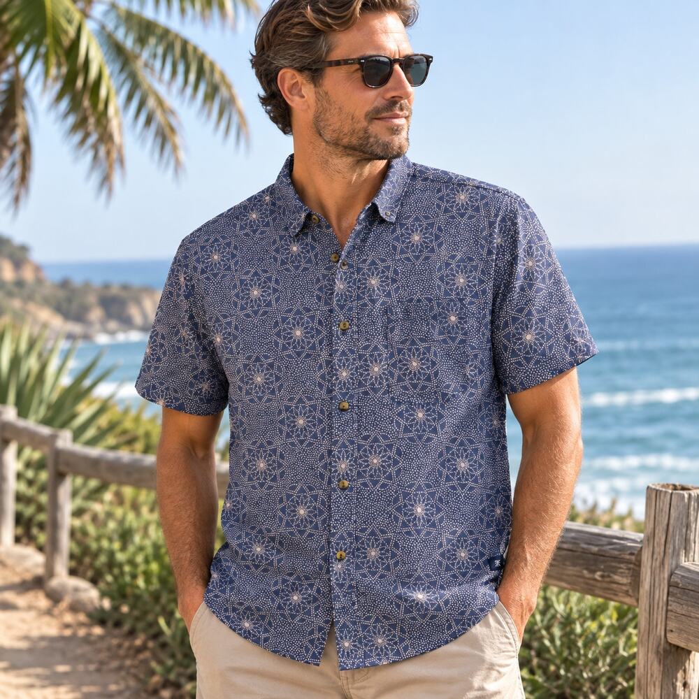 Roark Revival Blue Geometric Floral Print Camp Shirt Men's Medium Button Up